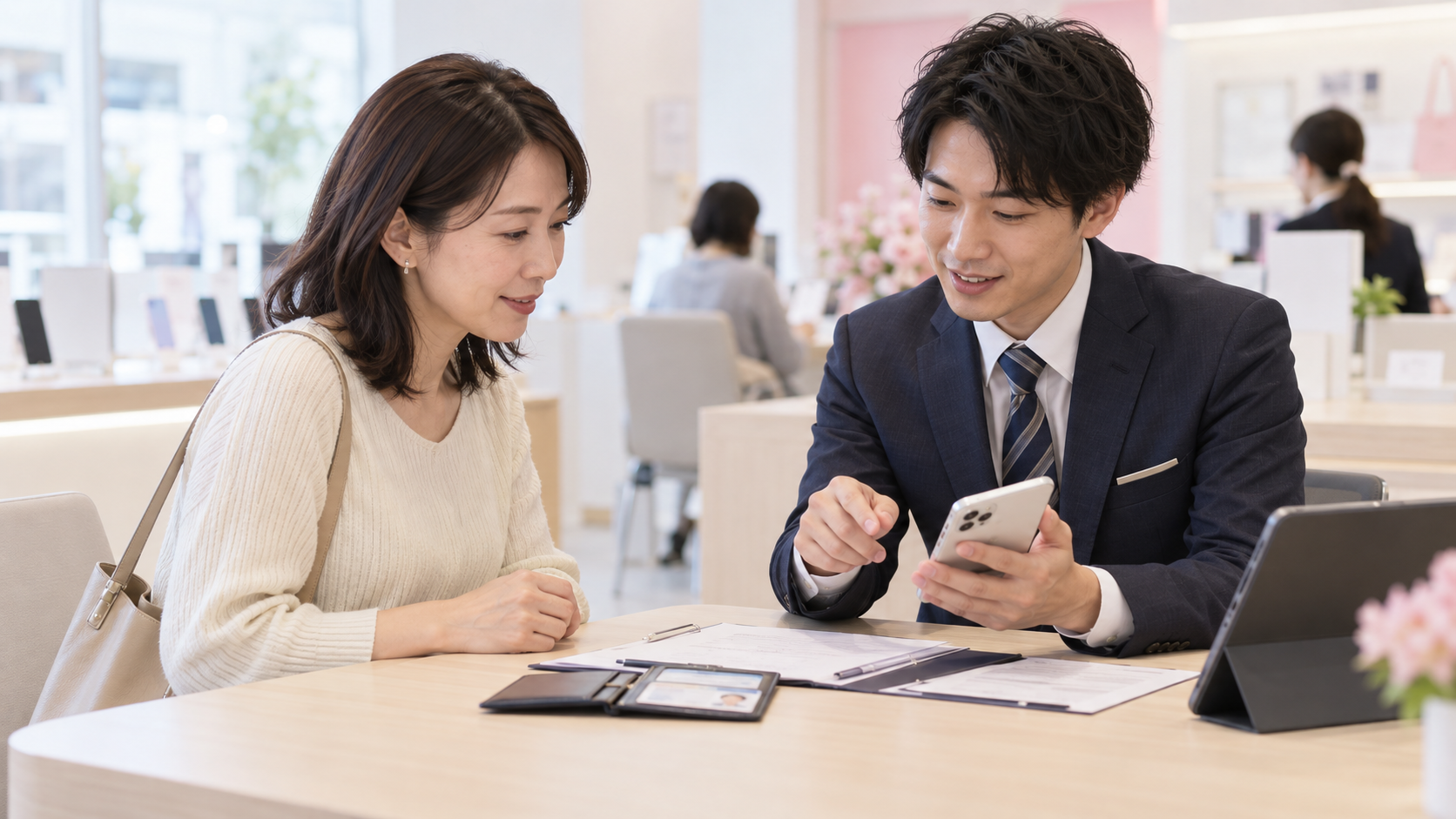 楽天モバイルショップでスタッフに名義変更の手順を相談するイメージ。店舗利用を保証する写真ではありません。