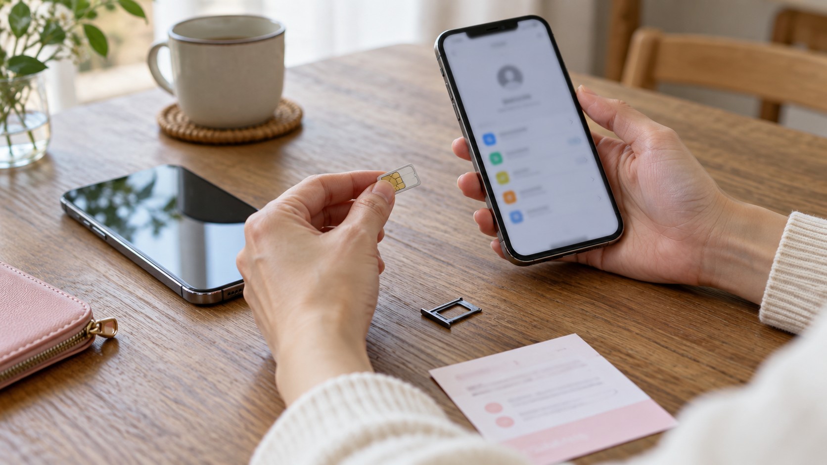 スマートフォンとSIMカードを手元に置いて、乗り換え後の名義変更手順を確認するイメージ。説明用に作成した画像です。