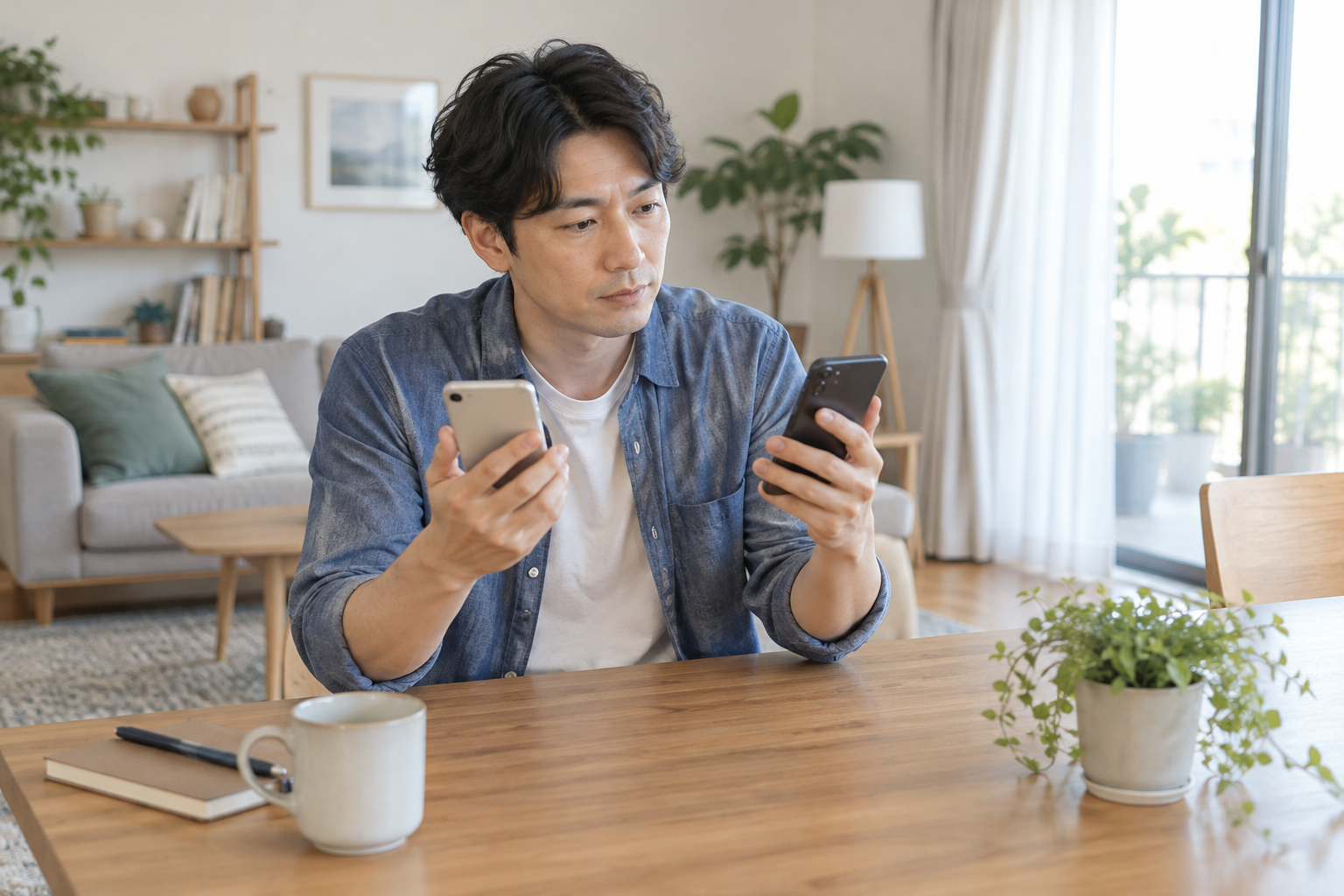 自宅で2台のスマートフォンを比較し対応端末の条件を調べる男性のイメージ